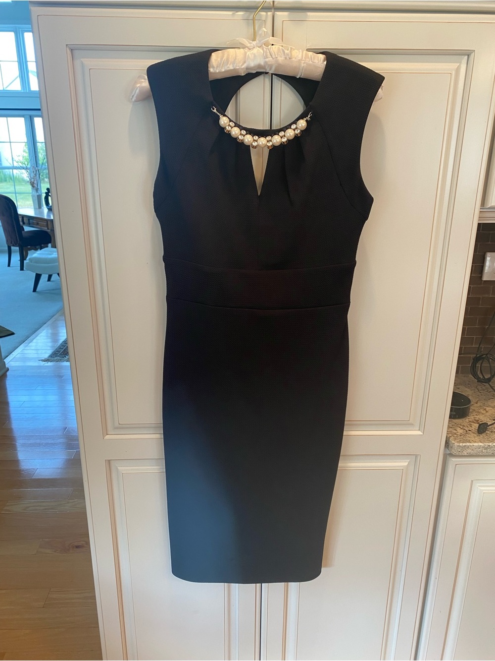 Bisou Bisou Black Midi Sheath Dress with Pearl Neckline